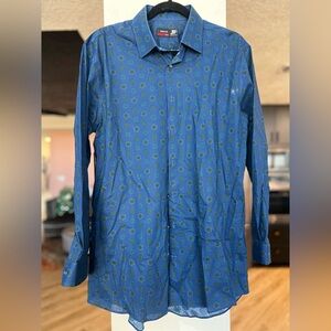 j.ferrar Blue Dress Shirt with Green Medallion Pattern